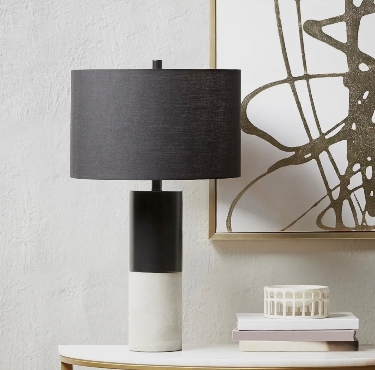 Table lamp with steel base, fabric shade