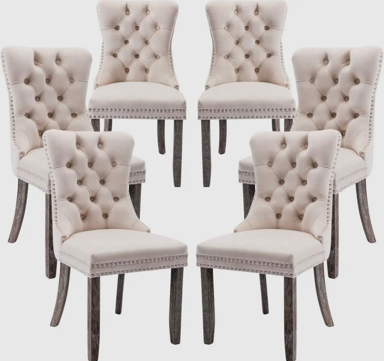 Beige Tufted Velvet Chairs (6 Set)