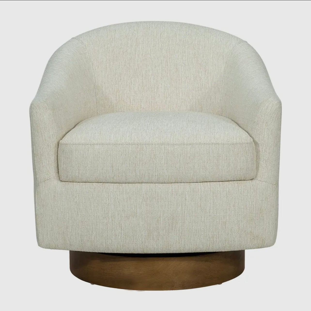 Upholstered swivel chair with wood base